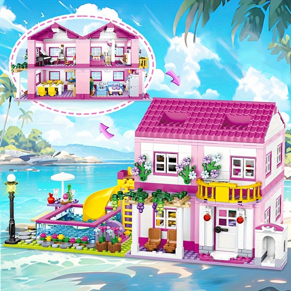 Villa de Vacances d'Été avec Vue sur la Rue de la Ville - Château en Briques à Assembler - Piscine - Jouet DIY pour Filles - Cadeau d'Anniversaire ou de Noël pour Enfants