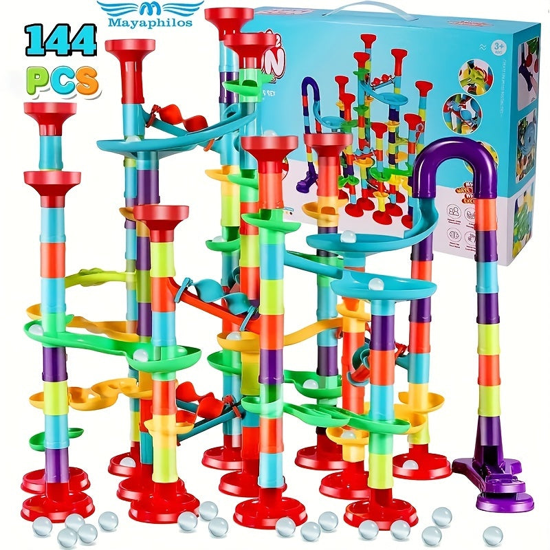 Jeu de construction de parcours de marbre MAYAPHILOS 144pièces, jeu éducatif de blocs de construction pour enfants, filles et garçons, cadeau de Noël et d'anniversaire, résine ABS, couleurs assorties, amusement ludique