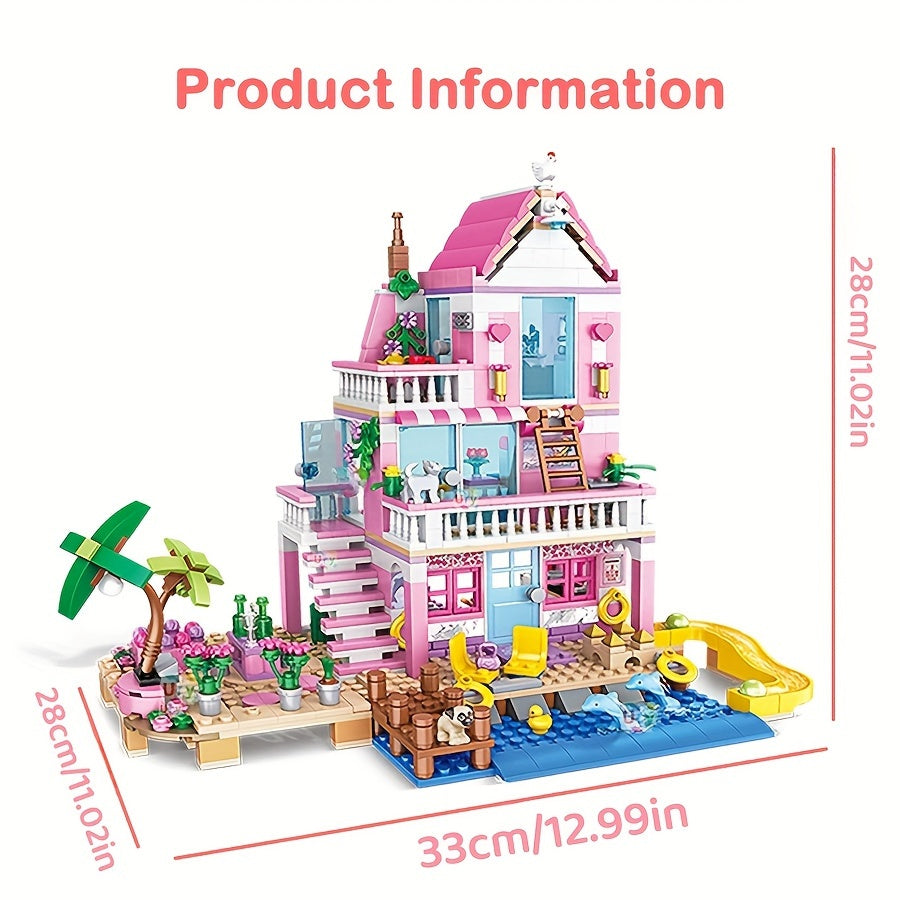 Une série de maisons et d'appartements de villa de plage d'été sur le thème de bons amis, d'architecture de blocs de construction, de scènes de rue, de jouets d'assemblage DIY, parfait pour des cadeaux d'anniversaire et de Noël.