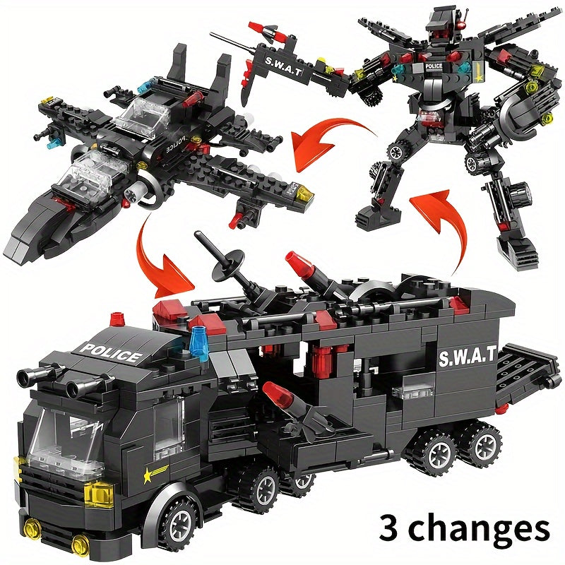 Blocs de construction Véhicule de police Swat, Blocs de voiture robot, Jouets éducatifs, Cadeaux d'anniversaire halloween, cadeau de noël