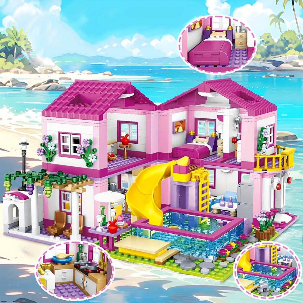Villa de Vacances d'Été avec Vue sur la Rue de la Ville - Château en Briques à Assembler - Piscine - Jouet DIY pour Filles - Cadeau d'Anniversaire ou de Noël pour Enfants