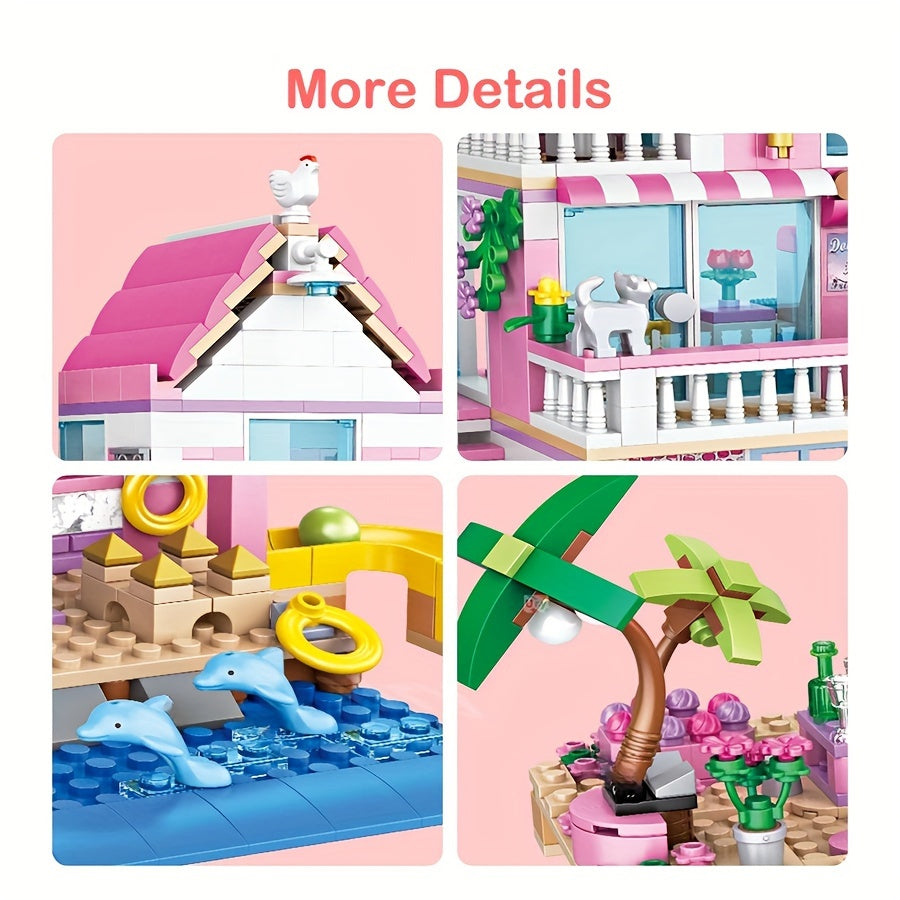 Une série de maisons et d'appartements de villa de plage d'été sur le thème de bons amis, d'architecture de blocs de construction, de scènes de rue, de jouets d'assemblage DIY, parfait pour des cadeaux d'anniversaire et de Noël.