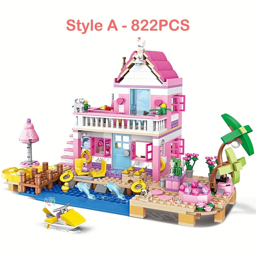 Une série de maisons et d'appartements de villa de plage d'été sur le thème de bons amis, d'architecture de blocs de construction, de scènes de rue, de jouets d'assemblage DIY, parfait pour des cadeaux d'anniversaire et de Noël.