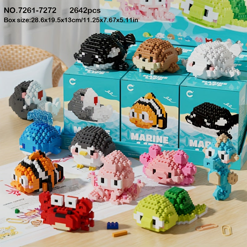 Version Boîte Cadeau de 12 Petites Boîtes Série Petites Créatures de l'Océan Micro Blocs de Construction Granulaires