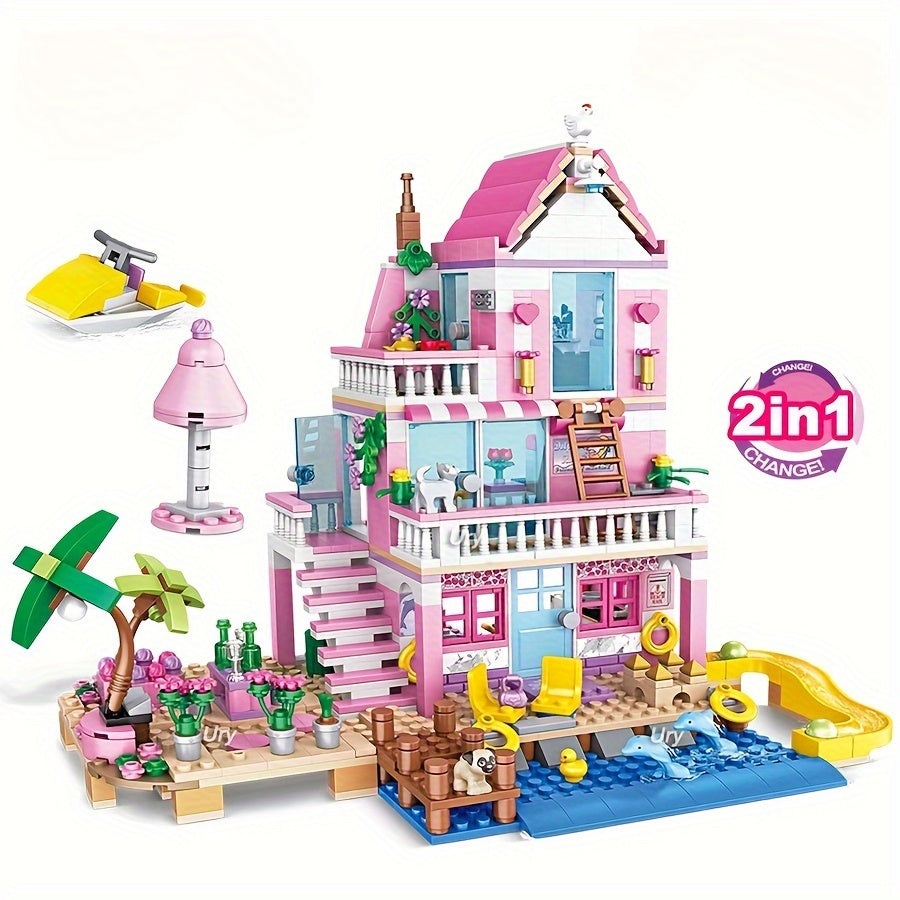 Une série de maisons et d'appartements de villa de plage d'été sur le thème de bons amis, d'architecture de blocs de construction, de scènes de rue, de jouets d'assemblage DIY, parfait pour des cadeaux d'anniversaire et de Noël.