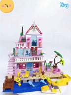 Une série de maisons et d'appartements de villa de plage d'été sur le thème de bons amis, d'architecture de blocs de construction, de scènes de rue, de jouets d'assemblage DIY, parfait pour des cadeaux d'anniversaire et de Noël.