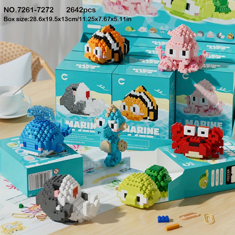 Version Boîte Cadeau de 12 Petites Boîtes Série Petites Créatures de l'Océan Micro Blocs de Construction Granulaires