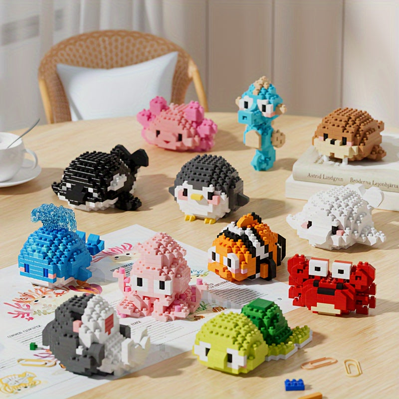 Version Boîte Cadeau de 12 Petites Boîtes Série Petites Créatures de l'Océan Micro Blocs de Construction Granulaires