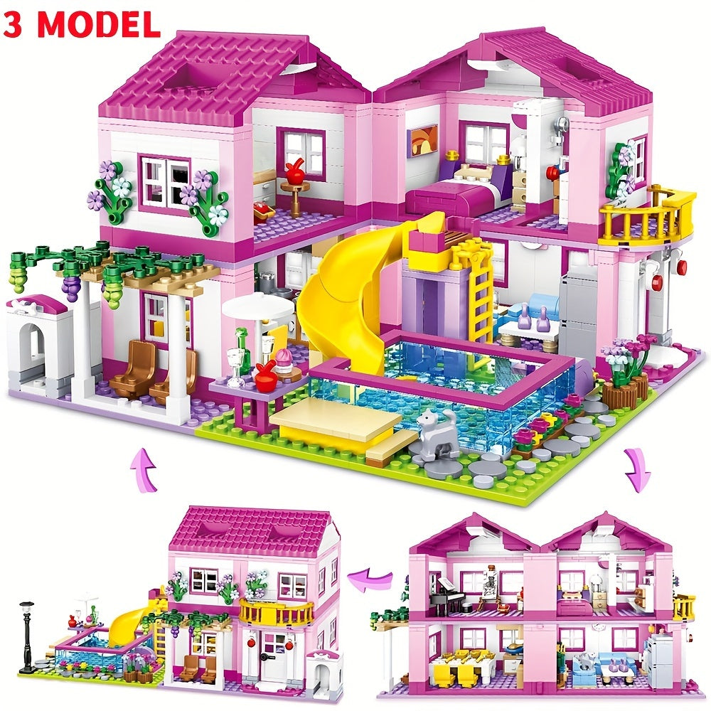 Villa de Vacances d'Été avec Vue sur la Rue de la Ville - Château en Briques à Assembler - Piscine - Jouet DIY pour Filles - Cadeau d'Anniversaire ou de Noël pour Enfants