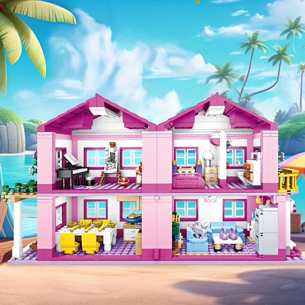 Villa de Vacances d'Été avec Vue sur la Rue de la Ville - Château en Briques à Assembler - Piscine - Jouet DIY pour Filles - Cadeau d'Anniversaire ou de Noël pour Enfants
