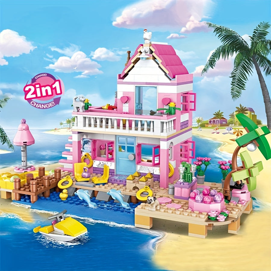 Une série de maisons et d'appartements de villa de plage d'été sur le thème de bons amis, d'architecture de blocs de construction, de scènes de rue, de jouets d'assemblage DIY, parfait pour des cadeaux d'anniversaire et de Noël.