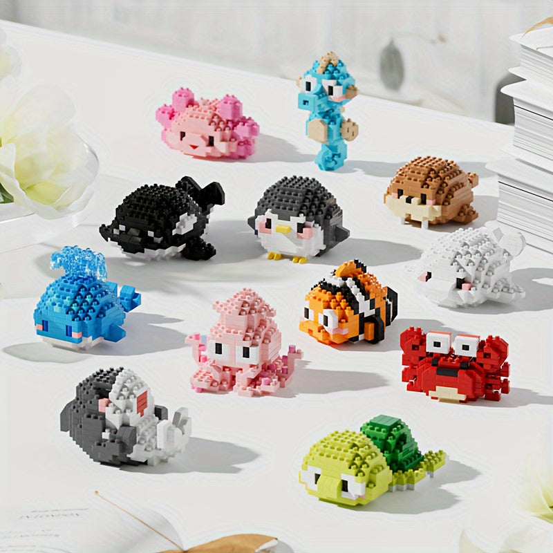 Version Boîte Cadeau de 12 Petites Boîtes Série Petites Créatures de l'Océan Micro Blocs de Construction Granulaires