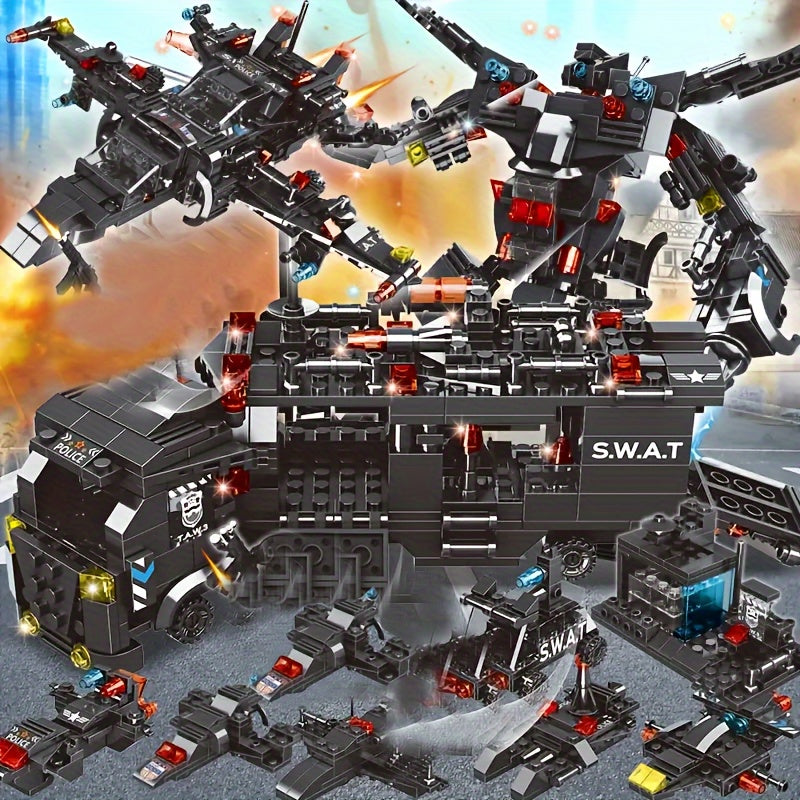 Blocs de construction Véhicule de police Swat, Blocs de voiture robot, Jouets éducatifs, Cadeaux d'anniversaire halloween, cadeau de noël